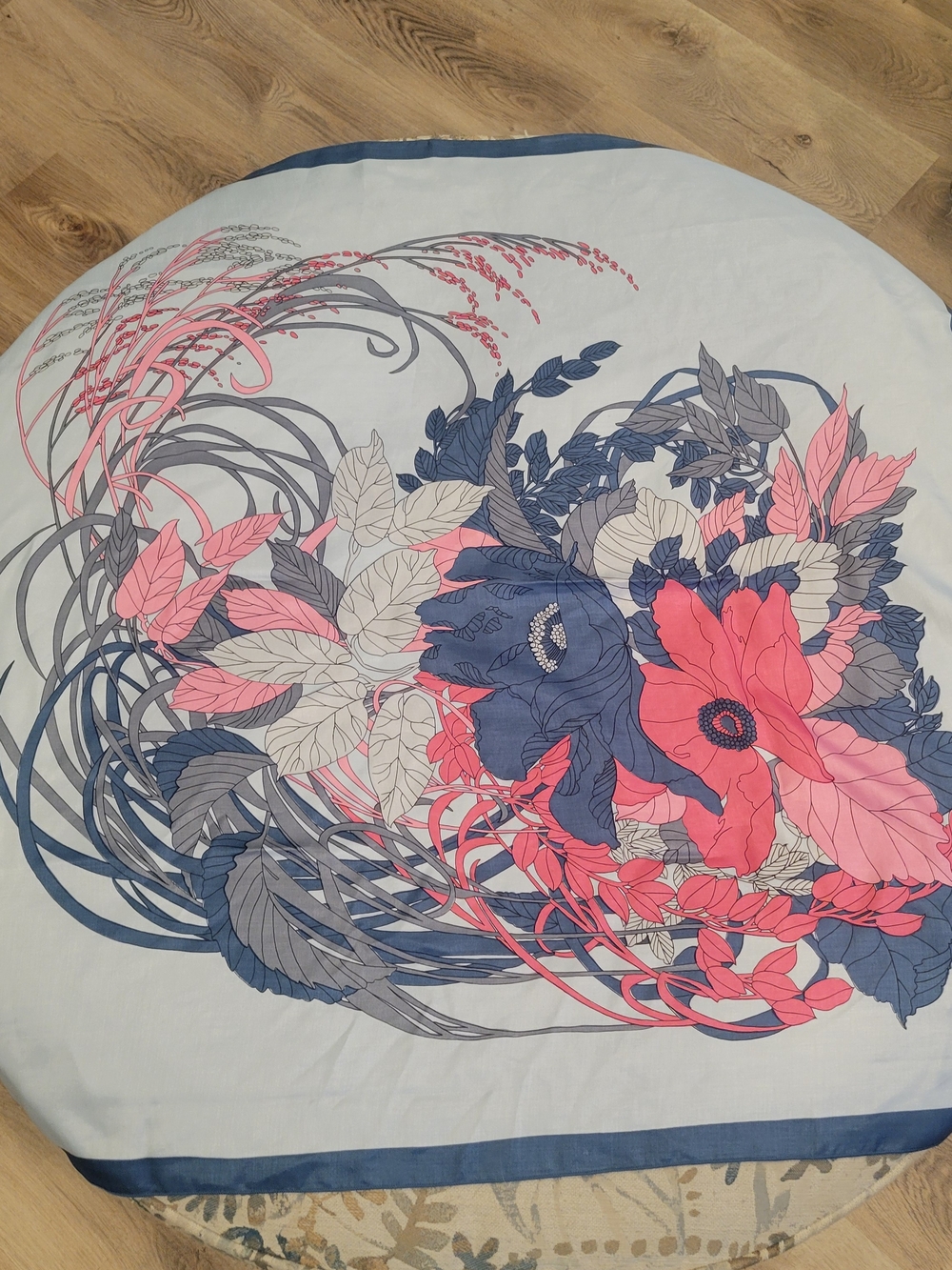 Floral Round Scarf in Coral and Navy